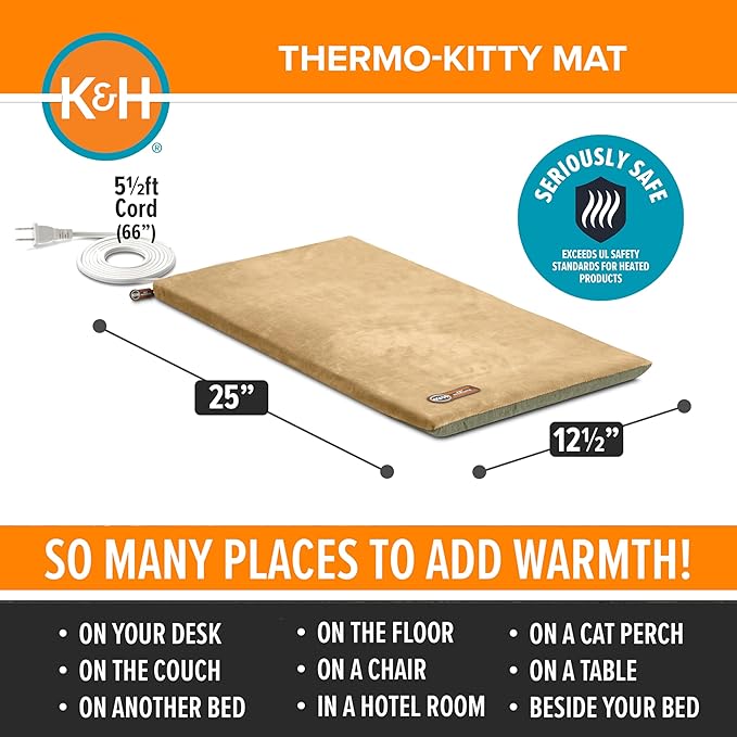 K&H Pet Products Heated Cat Bed Pad for Indoor Cats, Thermo-Kitty Mat Calming Warm Pet Heating Pad for Inside Pets, Machine Washable, Waterproof Heater, Safety Listed - 12.5 X 25in Sage/Tan