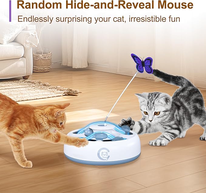 Cat Toys 3 in1 Automatic Interactive Kitten Toy, Moving Ambush Mouse, Fluttering Butterfly, Track Balls, USB Powered, Indoor Exercise Kicker, Mouse Catching Game (Bright White)