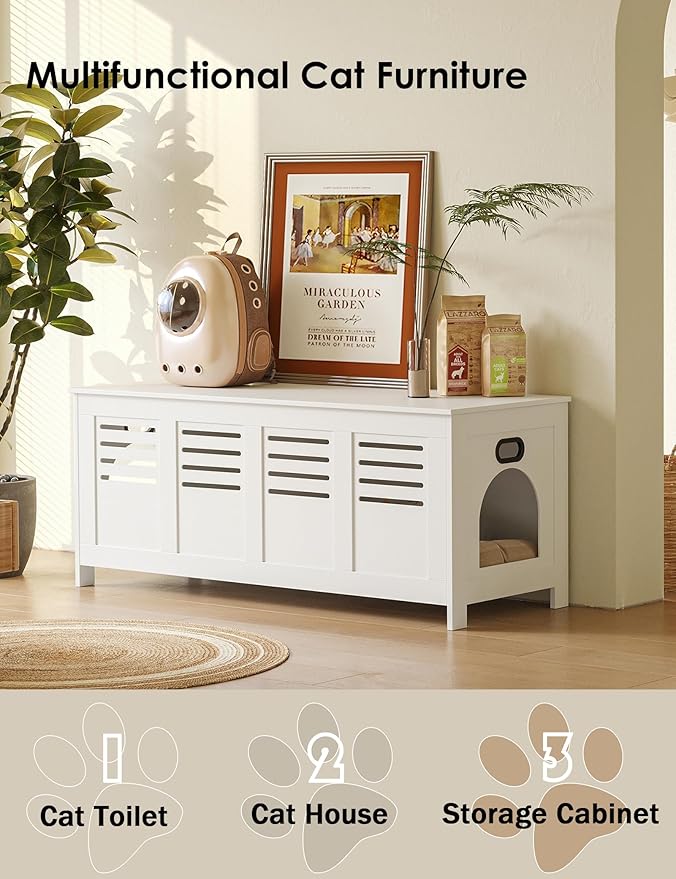 DINZI LVJ Litter Box Enclosure Furniture for 2 Cats, Top Opening Hidden Litter Box with Double Rooms, Dual Cat House with Good Ventilation, 47.2" Wooden Cat Washroom, White