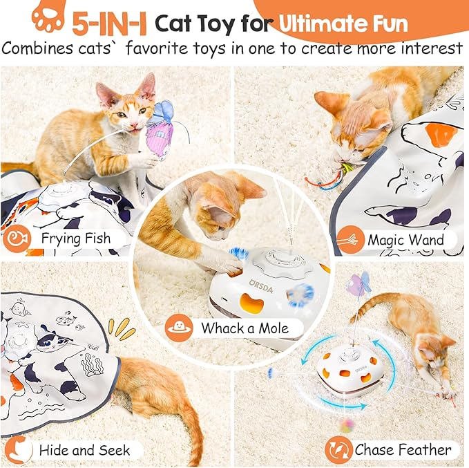 ORSDA Cat Toys for Indoor Cats, 5 in 1 Interactive Automatic Kitten Toys Rechargeable Electric Hide and Seek, Moving Feather, Whack-A-Mole, Spin Flying Teaser Wand Exercise Kicker, Gifts for Cat