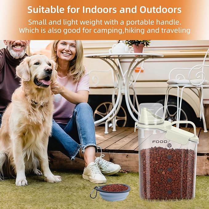 Dog Food Storage Container, Upgraded Large Nozzle BPA-free, 8-12 LBS Plastic Pet Food Storage Containers, With 4 Sealed Clasps, 1 Measuring Cup and Handle (1, A-Beige, 3L)