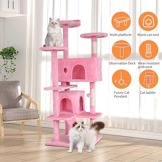 BestPet 54in Cat Tree Tower for Indoor Cats,Multi-Level Cat Furniture Activity Center with Cat Scratching Posts Stand House Cat Condo with Funny Toys for Kittens Pet Play House (54in, Pink)