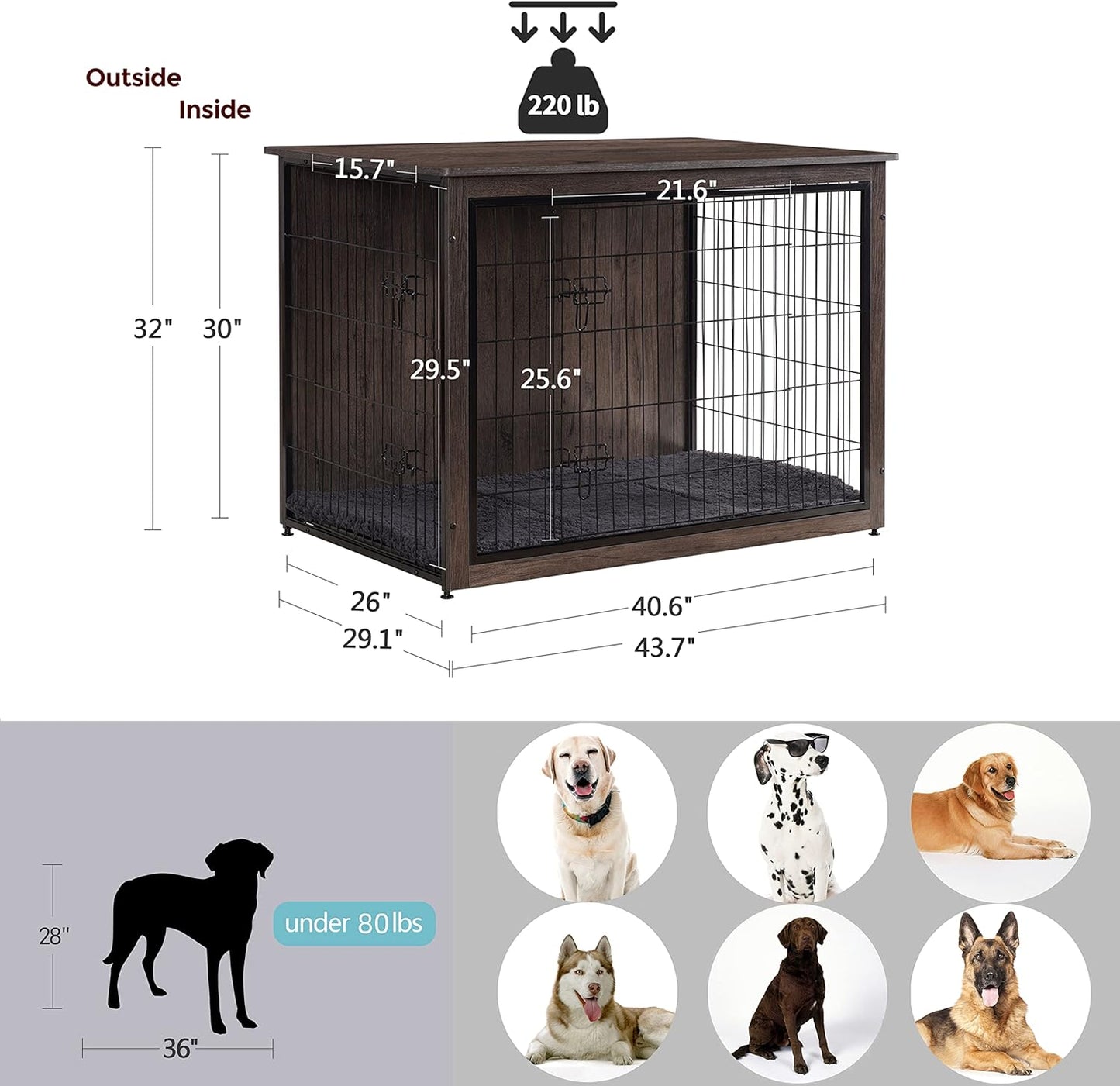 DWANTON Dog Crate Furniture with Cushion, Wooden Kennel Table with Double Doors, Indoor Dog House, Extra Large Size, 43.3" L, Dark Gray