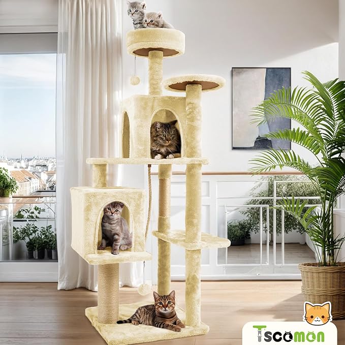 58.5inch Large Cat Tree Tower Condo for Indoor Cats, Soft Plush Multi-Level Climbing Tree Cat House, Scratching Post, More Entrance/Exit, Sisal Rope, Beige Almond