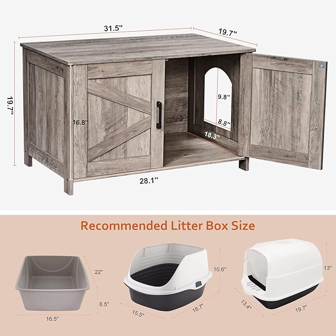 Homhedy Cat Litter Box Enclosure, Wooden Cat Washroom Furniture with Barn Door, Pet House, Fit Most of Litter Box, Greige