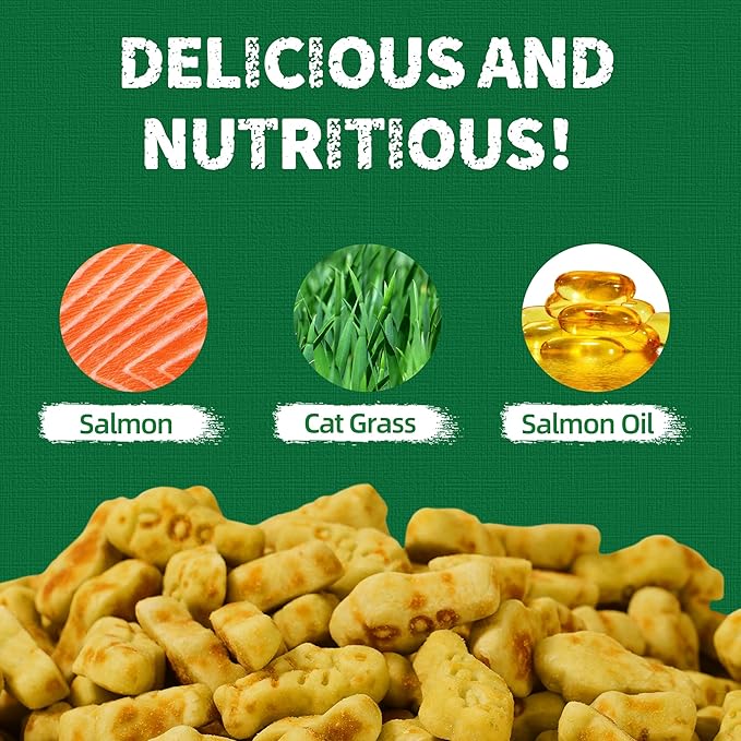 Just Try 13.4 0Z Cat Grass Treats Salmon Oil Natural Salmon Kitten Healthy Cat Treats Training Biscuits Snacks Fish Oil Omega 3 Supplements for Cats Joint Support & Skin Coat Health