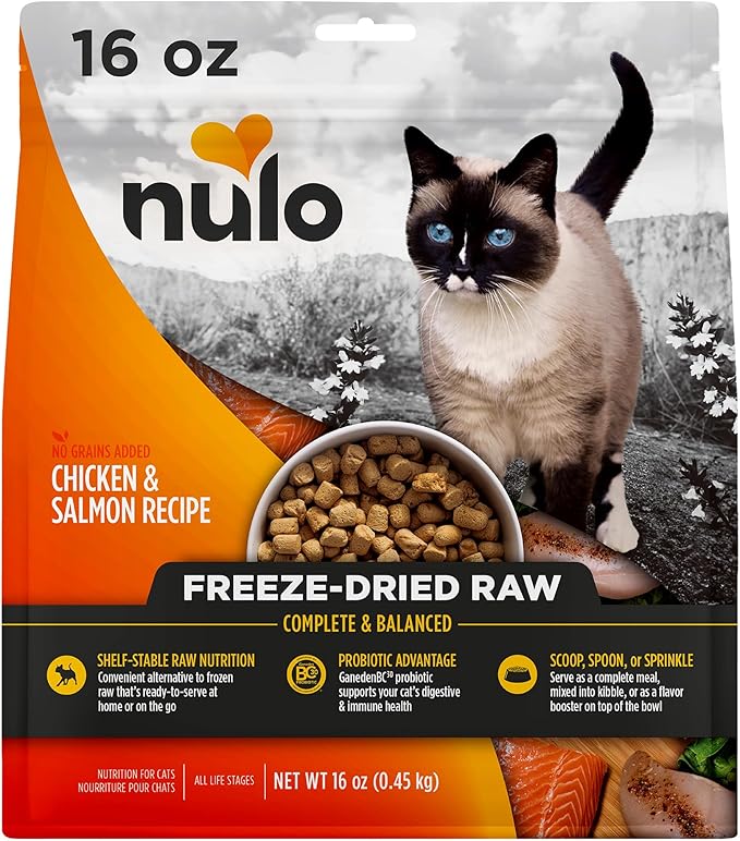 Nulo Freestyle Freeze-Dried Raw, Ultra-Rich Grain-Free Dry Cat Food for All Breeds and Life Stages with BC30 Probiotic for Digestive and Immune Health, Chicken & Salmon, 16 Ounce