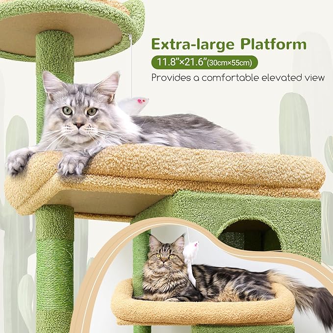Globlazer Heavy Duty Cactus Cat Tree for Large Cats, Sturdy 72in Maine Coon Cat Tree for Large Cats 20 lbs+ Cactus Cat Tower for Adult Biggest Cats with 6 Scratching Posts, Hammock, S72, Green