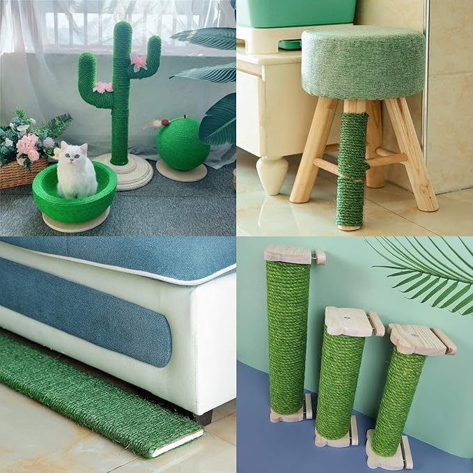 Green Cat Sisal Rope 6mm,JSPYFITS 1/4 inch Premium Durable Unoiled Sisal Twine for Repairing, Recovering or DIY Scratcher, Twisted Fiber Hemp Rope for Cat Tree and Tower (30M/98FT)