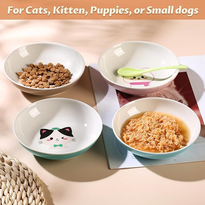 Cat Bowls, Ceramic Cat Food Bowl Set with White Silicone Ring for Non Slip, Cute Cats Dishes or Plates for Feeding Indoor Cats, Kitten, Small Dogs (Multicolored 4 Pack-Cute Pet, 5.5 Inches)