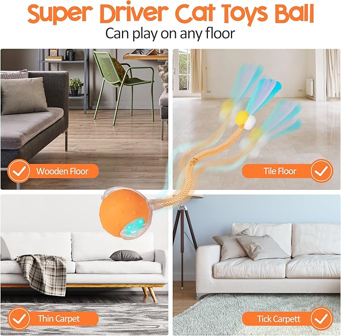 Interactive Cat Toys Ball for Indoor Cats, Automatic Moving Ball Toy with Elastic Mesh Tail, Chirping & Obstacle Avoidance and Motion Activated, Orange【Rechargeable】