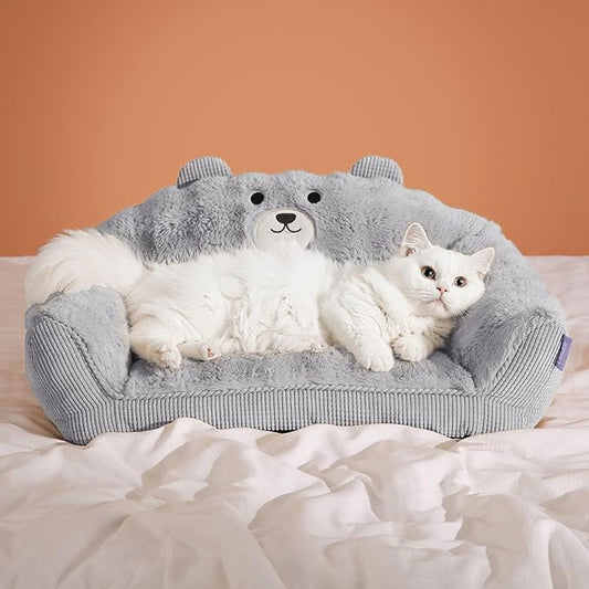 LE SURE Cute Cat Couch for Pets - Fluffy Original Bear Design Cat Beds for Indoor Cats, Fuzzy Cats Sofa with Removable Washable Cover, Supportive Pet Chair, 24inch, Pastel Grey