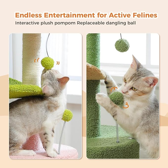 PAWZ Road Cactus Cat Tree Small Cat Tower 32” Cat Scratching Post with Curved Perch, Cozy Cat Condo, Removable Padded Top Bed for Kittens and Indoor Cats-Green