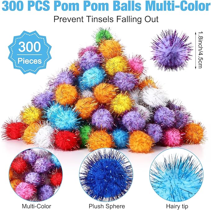 Poen 300 Pieces Cat Toy Fuzzy Balls 1.8 Inch Assorted Color Pom Pom Interactive Tinsel Balls for Indoor Cats