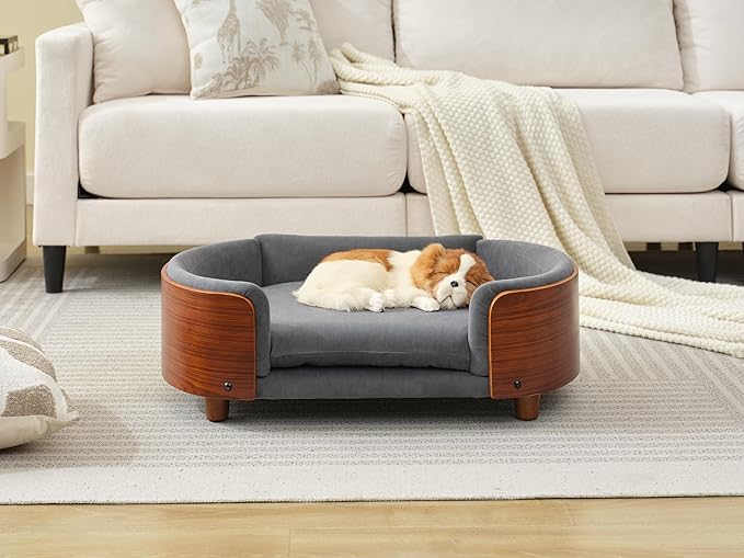 HomSof 30.7" Scandinavian Style Elevated Dog Bed Pet Sofa with Solid Wood Legs and Bent Wood Back,Velvet Cushion,Mid Size,Grey+Brown