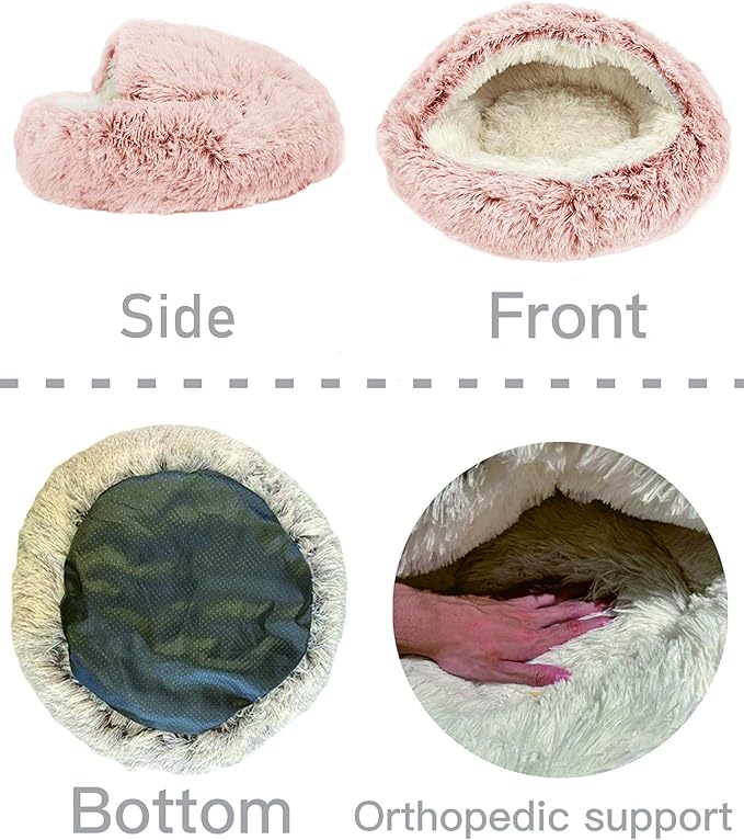 ShinHye Cozy Cat Bed - Round Plush Fluffy Hooded Cave, Indoor/Outdoor, Waterproof & Washable, Calming Anti-Anxiety Design - 23x23inch, Pink