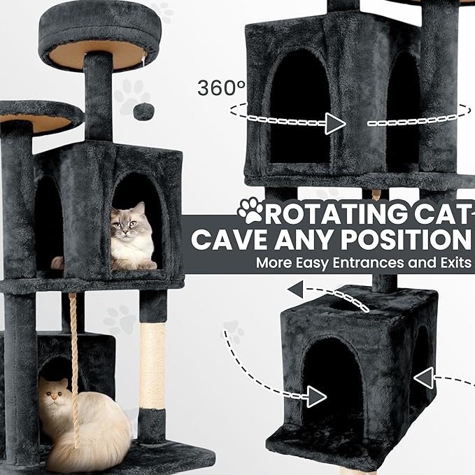 58.5inch Large Cat Tree Tower Condo for Indoor Cats, Soft Plush Multi-Level Climbing Tree Cat House with 1 360° Rotating Cat Cave, Scratching Post, More Entrance/Exit, Sisal Rope, Grey Black