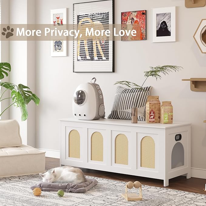 DINZI LVJ Cat Litter Box Enclosure, Flip Top Litter Box Furniture, Rattan-Like Hidden Cat Washroom, Wooden Pet House, End Side Table, 47.2" L x 18.7" W x 19.7" H, Easy to Assemble, White with Rattan