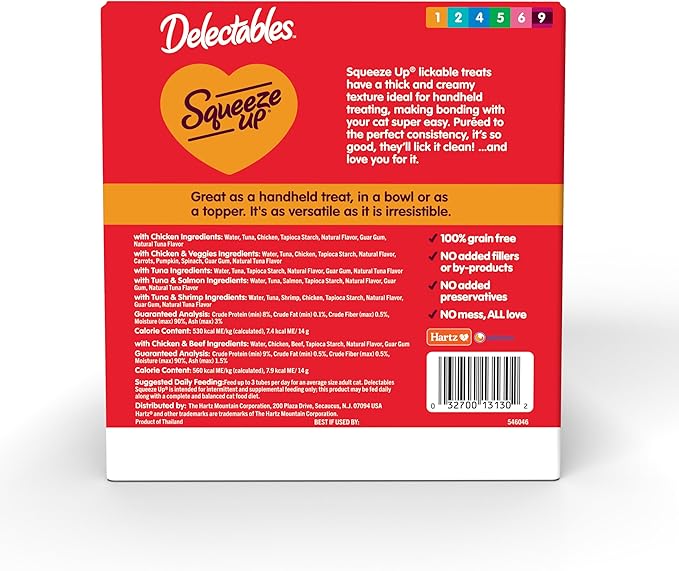 Delectables Squeeze Up Variety Pack, Creamy Squeezable Puree, Lickable Wet Cat Treats, Grain Free, No Added Fillers, No by-Products, No Added Preservatives, 0.5 Ounces Tube, 104 Tubes Total