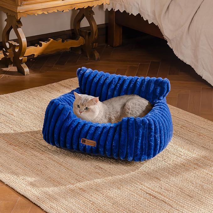 MEWOOFUN Cat Beds for Indoor Cats, Fluffy Cat Couch with Removable Washable Cover, Supportive Small Dog Beds for Puppy & Kitten up to 15 lbs (Navy Blue, 24x19x12)