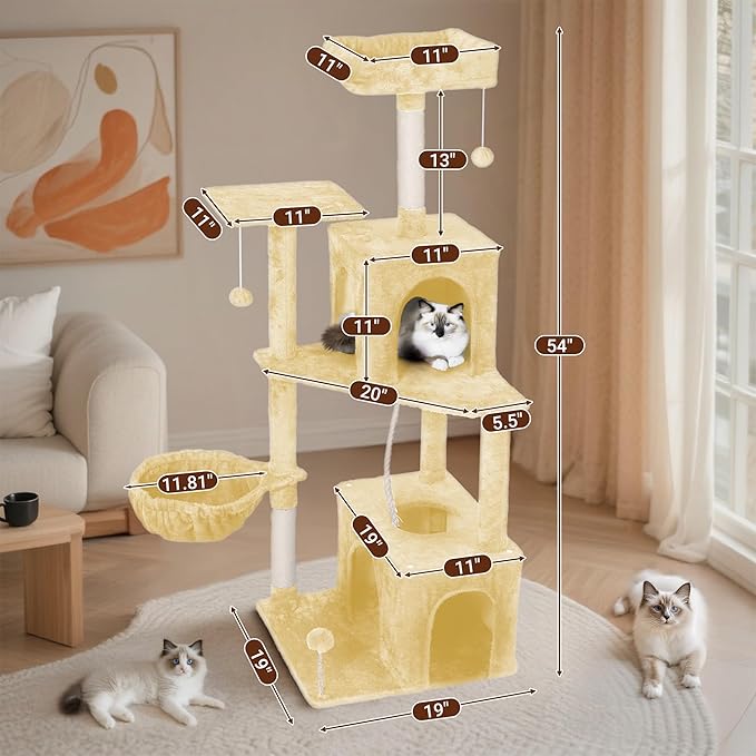 Cat Tree, 54-Inch Cat Tower for Indoor Cats,Plush Multi-Level Cat Condo with Scratching Posts, Basket, Perches,2 Caves,2 Pompoms(Beige)