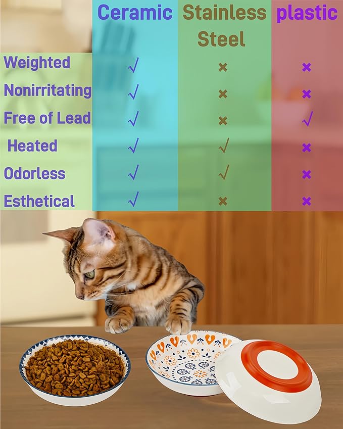 3-Pack Ceramic Cat Food Bowl, Non-Slip Whisker Fatigue Cats Bowl, 5.5” Shallow Dish for Food, Boho Flat Kitten Bowls, Small Kitten Plates for Indoor Cats with Silicone Bottom