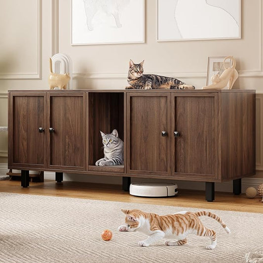 59 Inches Cat Litter Box Enclosure for 2 Cats, Hidden Litter Boxes Furniture with Cat Scratch Pad, Large Indoor Pet House with Double Room, Wooden TV Stand Side Table, Walnut