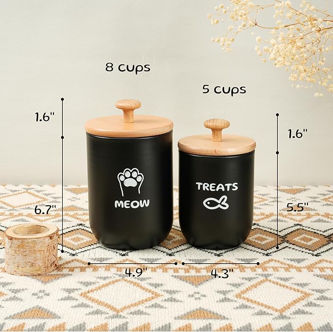 Cat Treat Container with Airtight Lid, Cat Food Oganizer Dry Food, Cat Food Storage Containers, Pet Treats Canister, Cat Treat Jar Set of 2-8.3x4.9 & 7.1x4.3 (Black)