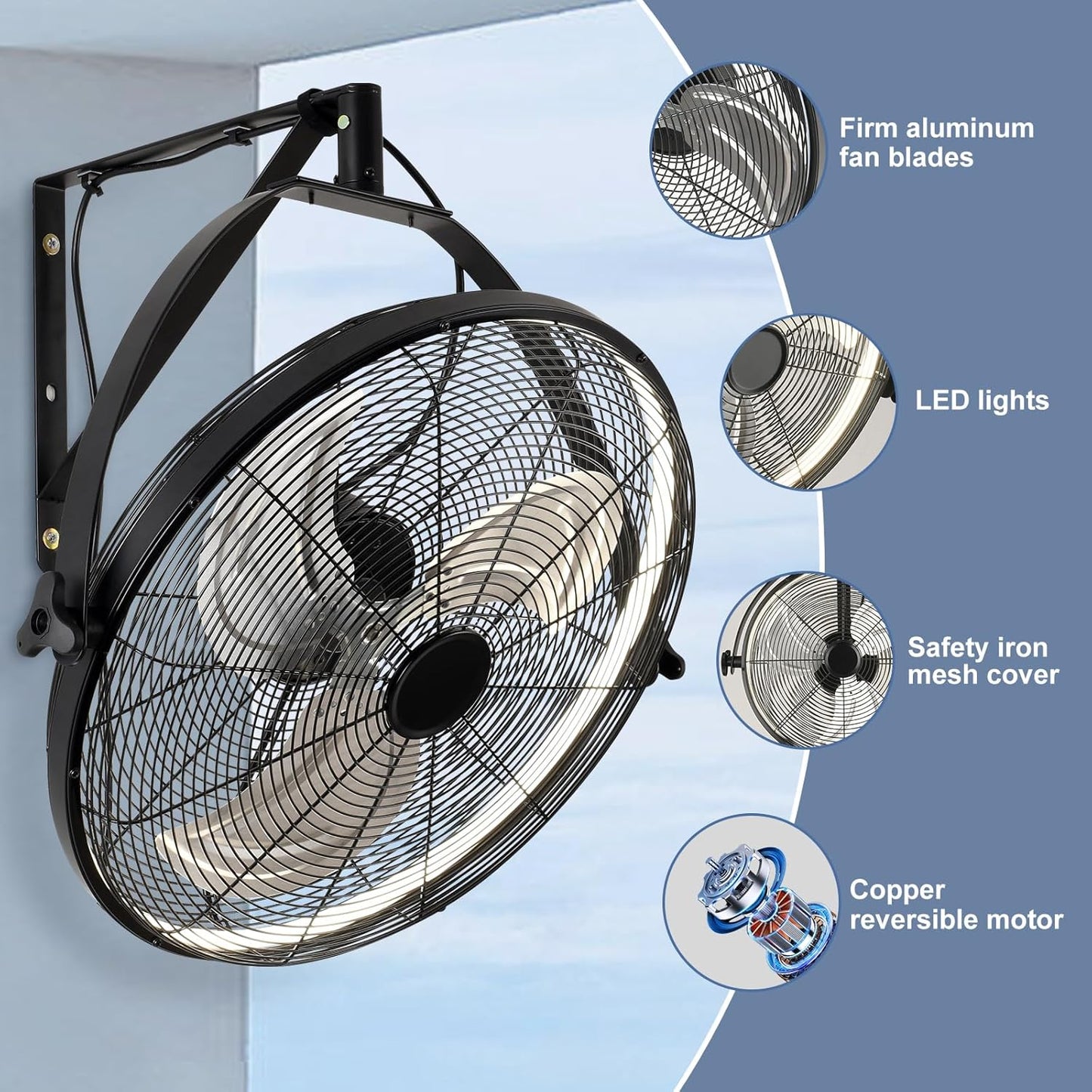 16 inch Wall Mount Fan with Lights and Remote,6-Speed Gazebo Ceiling Fan Adjustable Tilt Dimmable Wall Fan,High Velocity Industrial Outdoor Fans for Patio,Garage,Commercial,Black