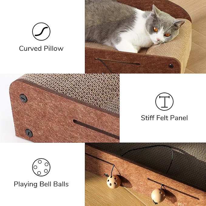 FUKUMARU 26 Inch Cat Scratcher Cardboard Lounge Bed, Durable Cat Scratcher Extra Large Lounger, 2 Reversible Cat Scratching Pads Refill for Indoor Cats, Cat Scratch Bed Cardboard Toy, Caramel Color