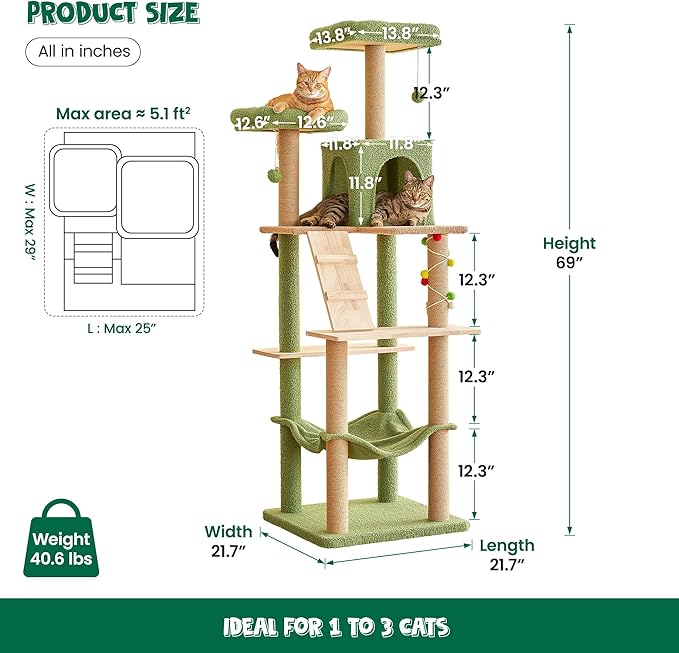 MWPO Green Modern Cat Tree, 70.1-Inch Large Wood Cat Tower for Indoor Cats, Multi-Level Tall Cat Condo with 2 Padded Perches, Hammock, Scratching Posts, Dangling Toys for Large Adult Cat