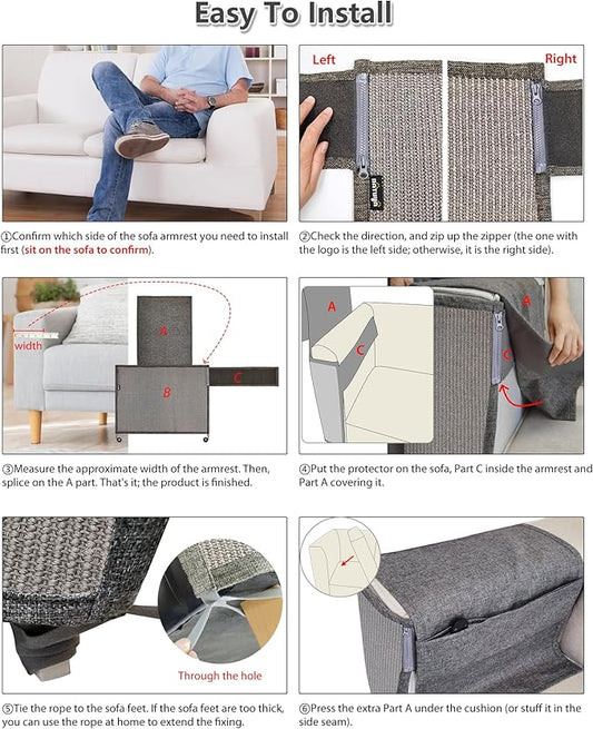 NATUYA Cat Scratch Couch Protector, Sisal Furniture Protector Cats Scratching Pad, Anti-Cat Scratch Sofa Armrest Couch Protective Shield with Pocket (Gray, Fit Left or Right)