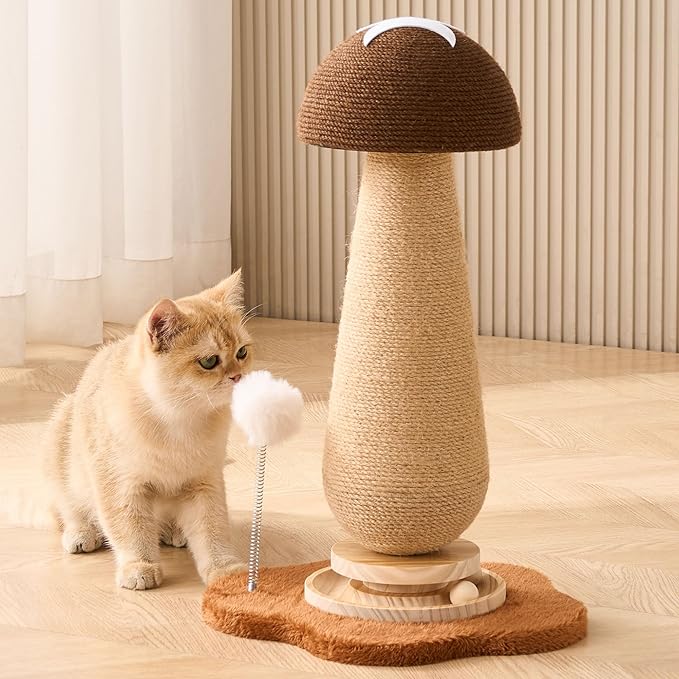 21.5‘’ H Cat Scratching Post with Catnip,Cute Mushroom Cat Scratcher Post with Durable Natural Solid Wood Turntable Toy,Acorn Brown Mushroom Shape Cat Toy Cat Sisal Scratcher for Indoor Cats
