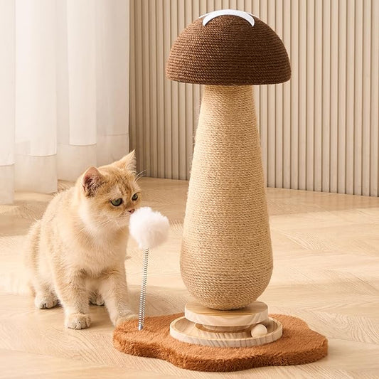 21.5‘’ H Cat Scratching Post with Catnip,Cute Mushroom Cat Scratcher Post with Durable Natural Solid Wood Turntable Toy,Acorn Brown Mushroom Shape Cat Toy Cat Sisal Scratcher for Indoor Cats