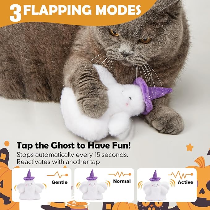Halloween Catnip Toys, Flapping Ghost Catnip Toy, Interactive Kitten Exercise Toys for All Cat Breeds Play Alone, Never Boredom