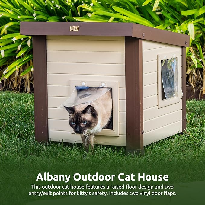 New Age Pet® ECOFLEX® Albany Outdoor Feral Cat House for Multiple Cats with Quick & Easy Assembly, 2 Vinyl Door Flaps Included, Moisture and Odor Resistant