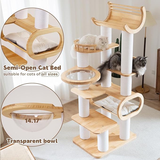 74.8'' Tall Modern Cat Tree for Indoor Large Cats,Luxury Pine Wood Cat Tower for Home Decoration,Multi-Level Huge Cat Furniture with Condo,Clear Bowl,Scratching Posts for Multi-Cat Household