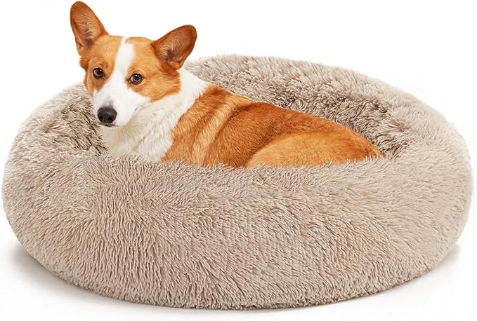 Love's cabin Calming Dog & Cat Bed, Cat Bed for Indoor Cats,Anti-Anxiety Donut Round Dog Bed,Fluffy Faux Fur Washable Bed for Small Medium Pet,Beige,Taupe,30"