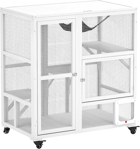 PawHut Indoor Wooden Catio, Cat House Cat Enclosure on Wheels with 3 Platforms, Hammock, Cat Flap Door & Openable Top, Luxury Kitty House for 2 Cats, 39", White