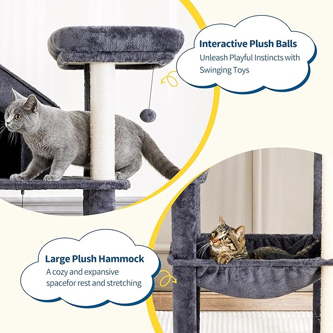 Made4Pets 60 inch Cat Tower for Indoor Cats, Multi-Level Cat Tree with Plush Hammock, Cozy Cat House, Scratching Posts, Top Perch, and 2 Hanging Balls