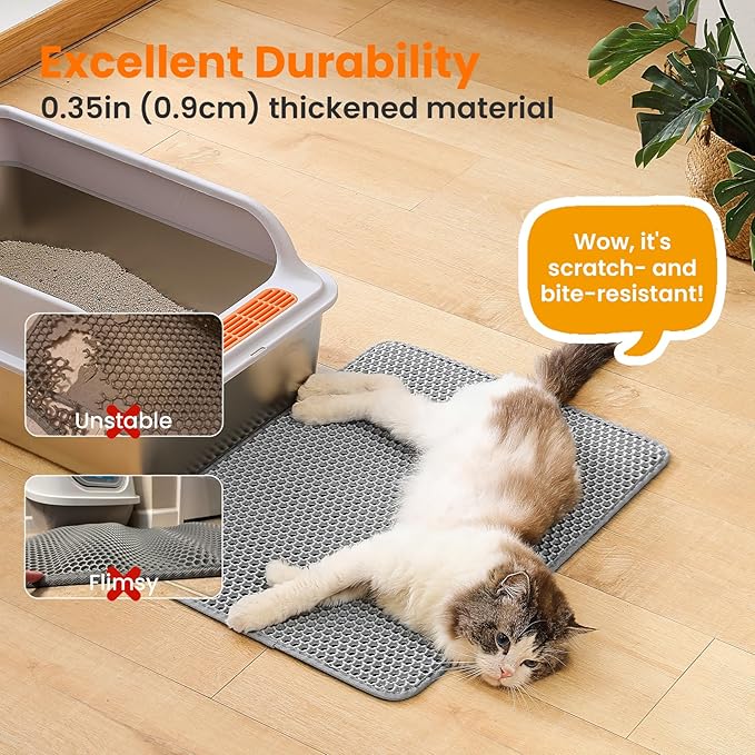 Cat Litter Mat, 24x18 Inches Large Double Layer Honeycomb Cat Litter Trapping Mat, Non Slip Waterproof Urine Proof Cat Litter Box Mat for Floor, Kitty Litter Rug, Cat Supplies, Gray