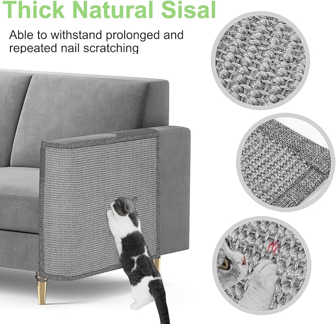 Cat Scratch Couch Protector,23.6L*19.6W inch Scratching Furniture Protector Pad,Cat Scratch Sofa Arm Sheild with Grey Natural Sisal for Protecting Couch Sofa Chair Furniture (Grey/Left Hand)