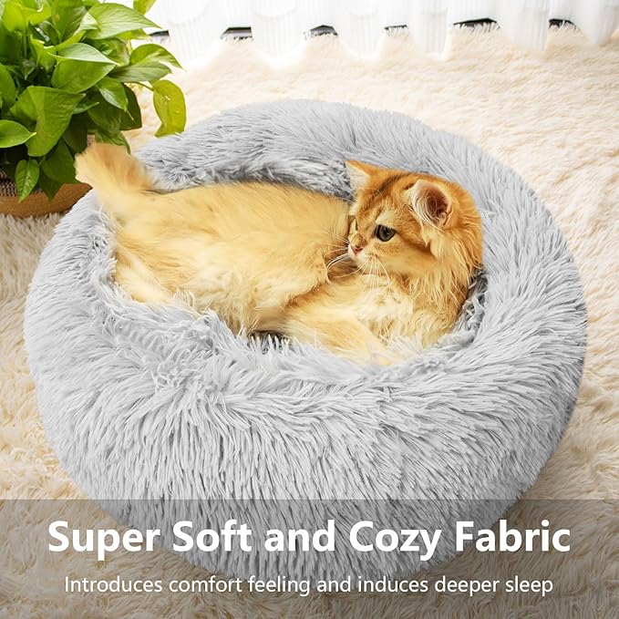 Dog & Cat Bed for Indoor Cats, 21.5 in Calming Donut Bed for Puppy and Kitten, Washable Round Fluffy Pet Bed for Small Medium Dogs and Cats Cotton Faux Fur, Anti-Slip Base (Light Grey)