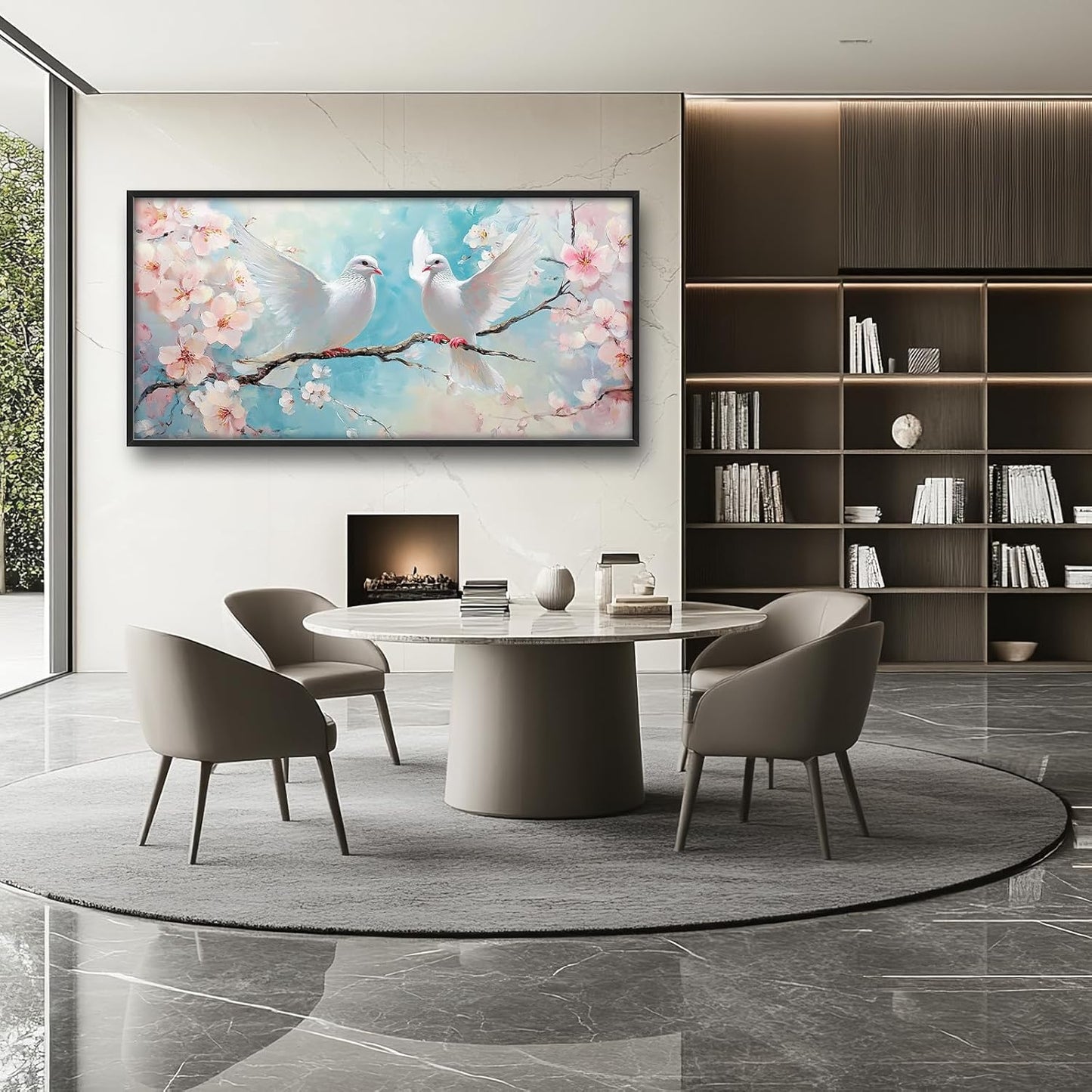 Large White Dove Flower Wall Art for Living Room, Framed Oversized Pigeon Cherry Blossom Wall Decor Nature Canvas Painting Modern Artwork for Living Room Bathroom Bedroom Office Dining Room 60"x30"