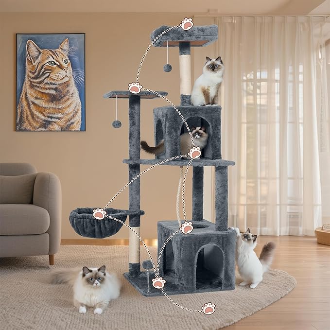 Cat Tree, 54-Inch Cat Tower for Indoor Cats,Plush Multi-Level Cat Condo with Scratching Posts, Basket, Perches,2 Caves,2 Pompoms(Dark Gray)