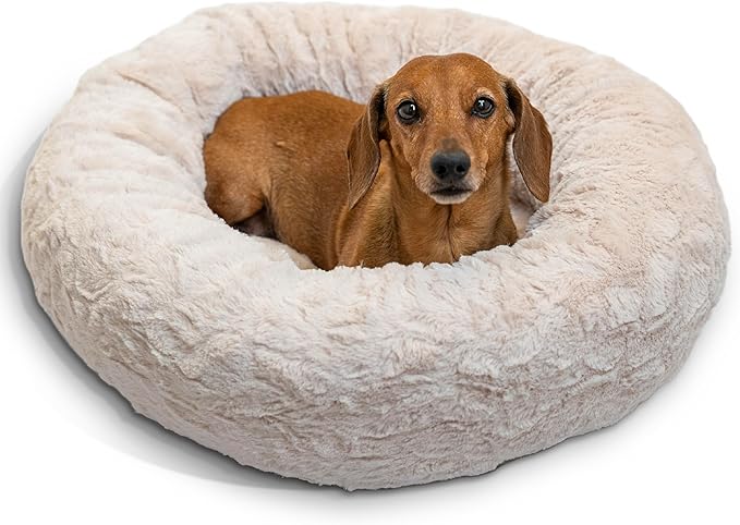 Best Friends by Sheri Original Calming Donut Dog and Cat Bed, Lux Faux Fur, Oyster, (23in x 23in) - Anxiety Relief for Pets Up to 25 lbs