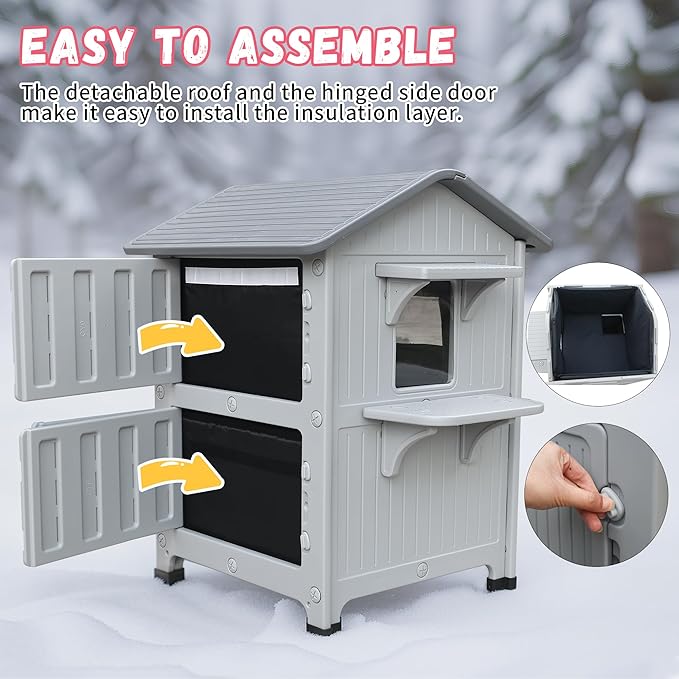 100% Insulated Outdoor Cat Houses for Winter, Waterproof 2 Story Outdoor Cat House with Insulated Liner, Outside Feral Cat Shelter for Outdoor Cats, Easy to Clean-Grey