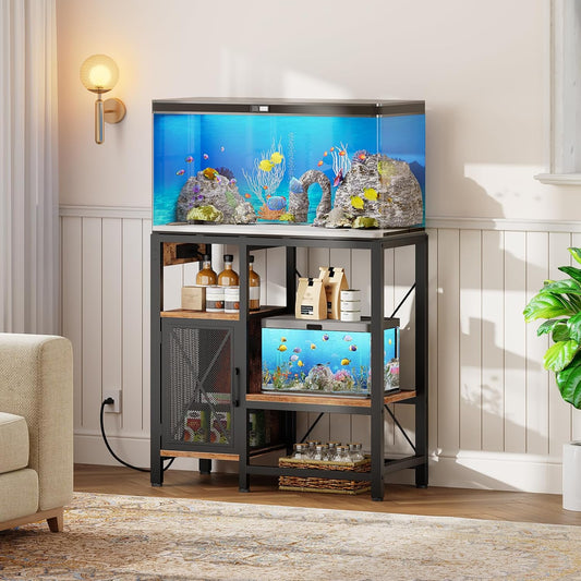 20-37 Gallon Fish Tank Stand, Aquarium Stand with Power Outlet and Storage Cabinet, Heavy Duty Tank Stand Suitable for Turtle Tank, Reptile Terrarium, for Home Office, Rustic Brown FTHR40E01