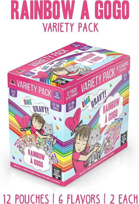 Weruva B.F.F. OMG - Best Feline Friend Oh My Gravy!, Rainbow A Gogo Variety Pack! Cat Food, 3oz Pouch (Pack of 12)