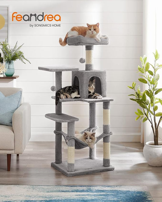 Feandrea Cat Tree, 56.3-Inch Cat Tower for Indoor Cats, Multi-Level Cat Condo with 4 Scratching Posts, 2 Perches, Hammock, Cave, Light Gray UPCT161W01